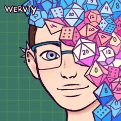 A drawing of a white nonbinary person. They have shaved brown hair, blue eyes, blue framed glasses, and silver spiked ear piercings. Half their face is obscured by dice in the trans flag colors.